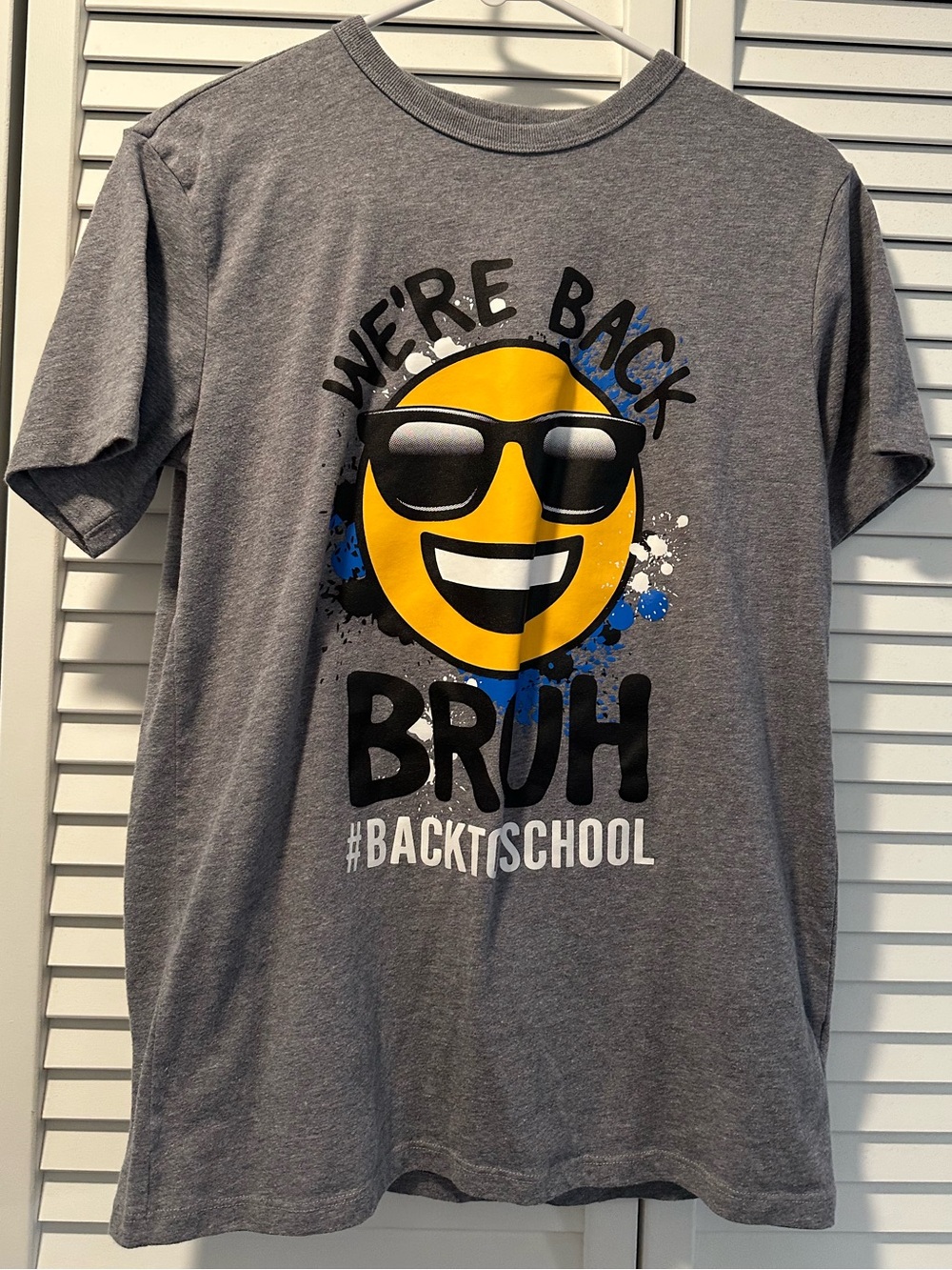 Boy’s Children’s Place Gray Tee with Yellow Sunglasses Emoji and Black Text